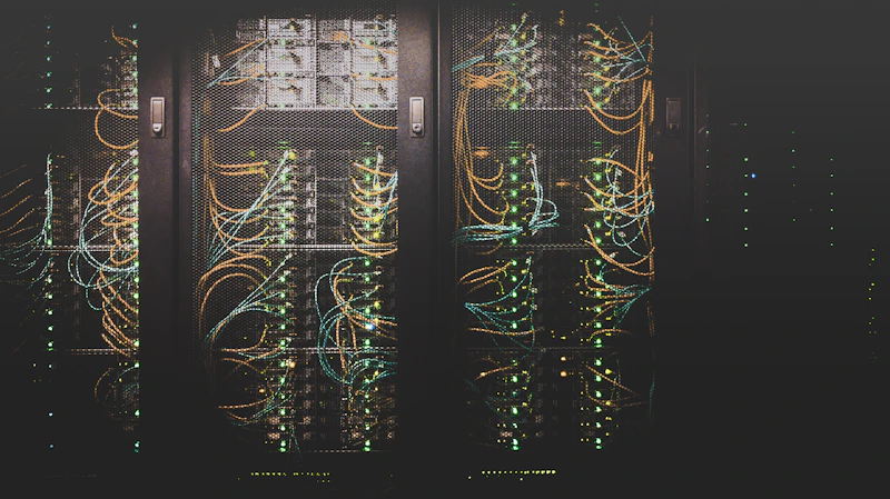 Corredor de servidores com cabeamento estruturado em um data center